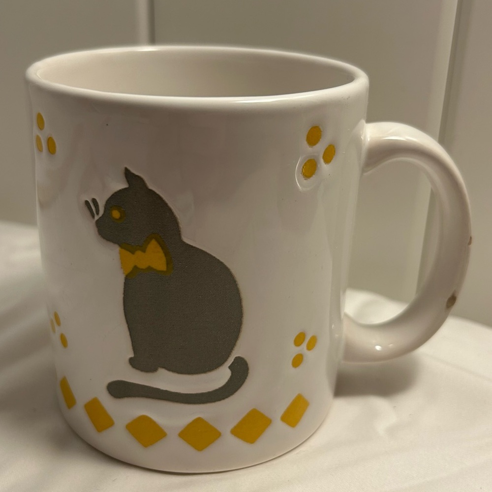 Vintage cat mug Waechtersbach West Germany Gray Cat with Bow Tie Paw Prints cup